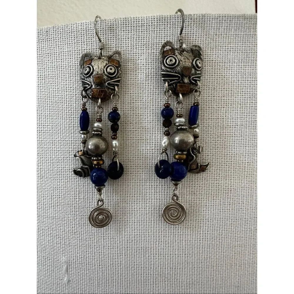 Vintage Sterling Silver Kitty Cat Chandelier Earrings - Artisan Lapis Lazuli Jew